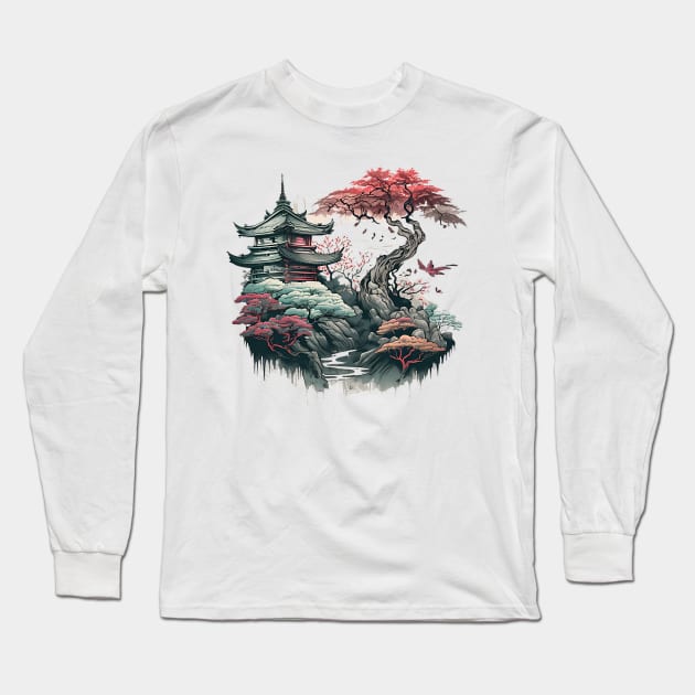 Japanese temple in bloom Long Sleeve T-Shirt by TheKiziox